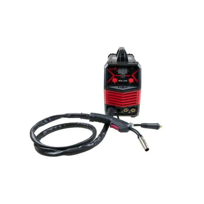 Invertersveisemaskin Mig 250, frontvisning med digitalt display, lange kabler og tydelig metallspiss.