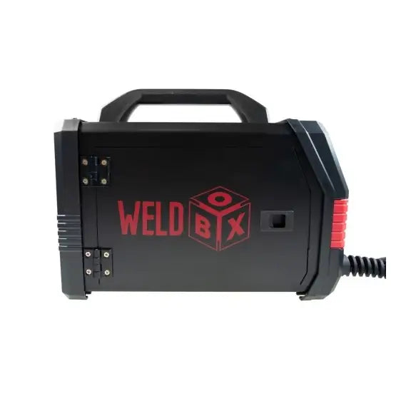 Invertersveisemaskin Mig 250, sidevisning med røde detaljer, logo, bærehåndtak og kabeluttak synlig.