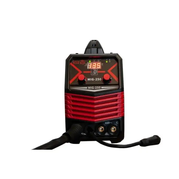 Invertersveisemaskin Mig 250, frontvisning med LED-display, to knotter og tilkoblede kabler nederst.