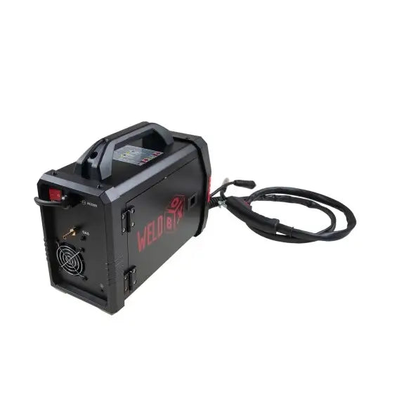 Invertersveisemaskin Mig 250, skrå bakside med kjølevifte, strømbryter, håndtak og tilkoblet kabel.