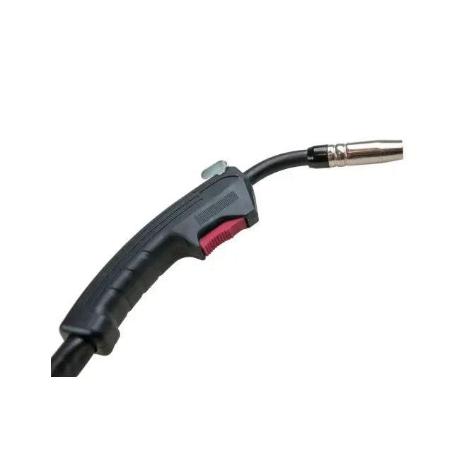 Sort og rød Mig-sveiserhåndtak med buet plastform, rødt avtrekker og metallspiss, sidevisning mot hvit bakgrunn.