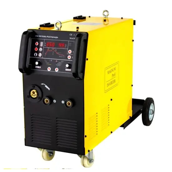 Invertersveisemaskin Mig 350, gul og svart modell med synlig kontrollpanel, bærehåndtak og store transporthjul.