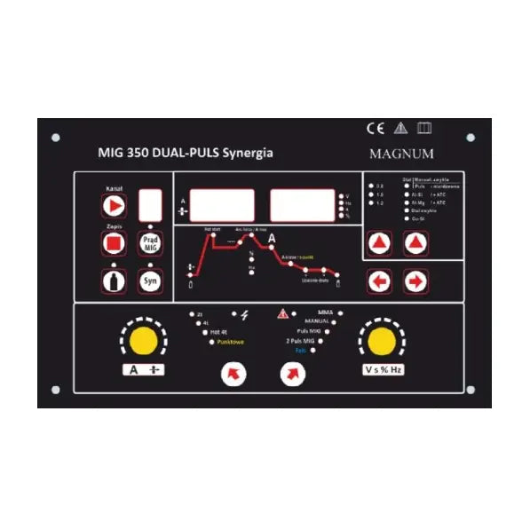 Invertersveisemaskin Mig 350, nærbilde av frontpanelet med digitale skjermer, knapper og illustrert kurve.