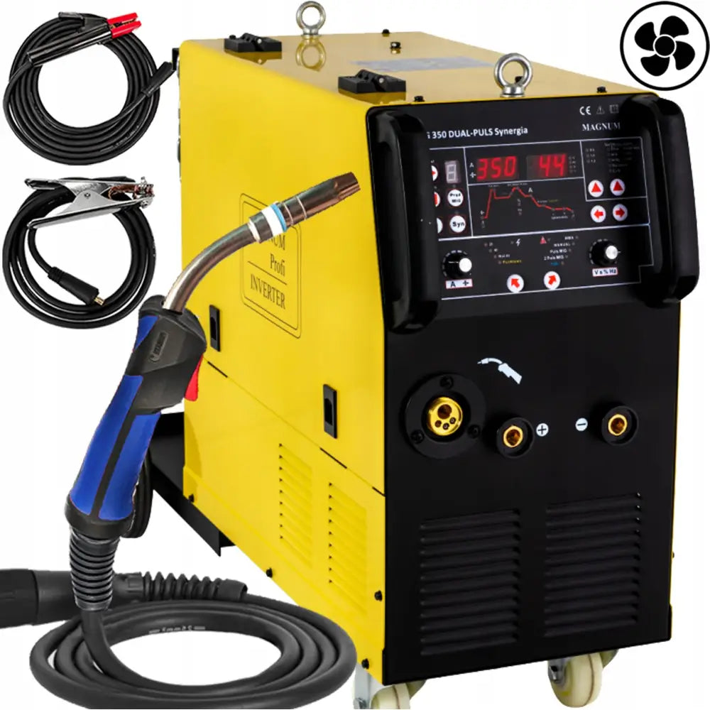 Invertersveisemaskin Mig Synergisk, skrå vinkel som viser digitalt panel, hjul, kabler og pistolhåndtak.