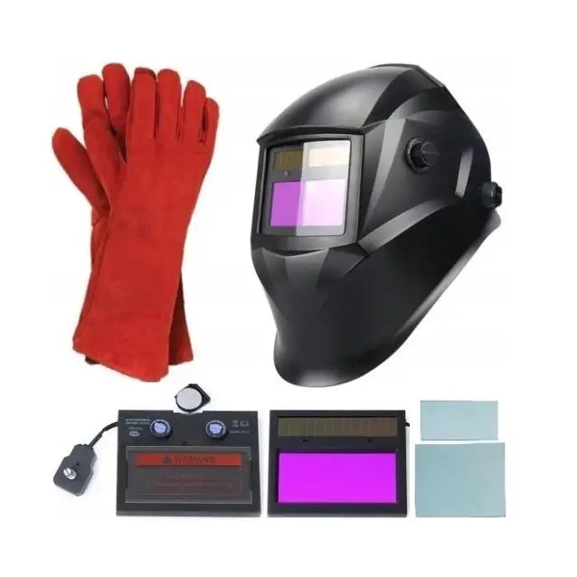 Invertersveisemaskin Tig Xxl Sett, sidevisning av svart sveiseskjerm med justeringshjul, røde hansker og ekstra filtre.