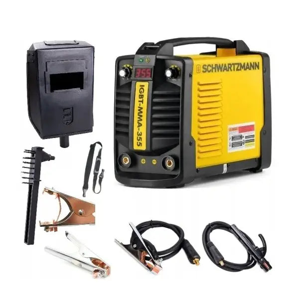 Invertersveisemaskin Tig Xxl Sett, gul og svart, med komplett tilbehør vist fra skrå vinkel mot hvit bakgrunn.