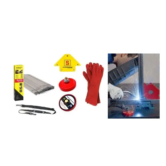 Invertersveisemaskin Tig Xxl Sett Schwartzmann, komplett utstyr sett i bruk med gnister under sveising.