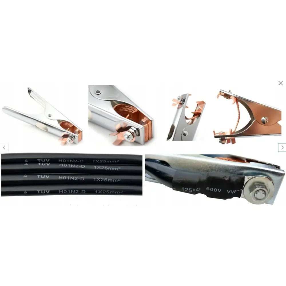 Metallklemme med kobberdetaljer og sort kabel med synlige tekniske spesifikasjoner for Tig Xxl Sett.