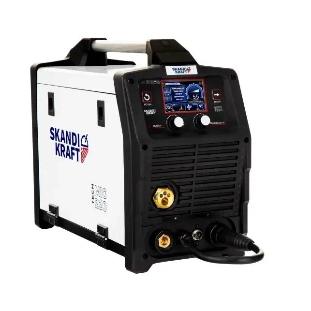 Invertersveiser Mig Skandi Kraft Itech Mig 220, frontvinklet med digitale kontroller og tydelig fargedisplay.