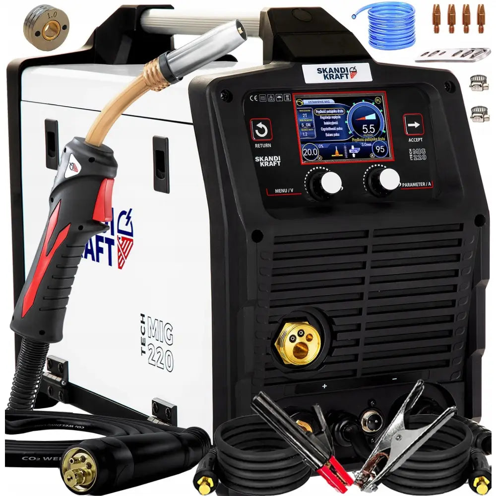 Invertersveiser Mig Skandi Kraft Itech, frontvisning med digitalt display og komplett tilbehør inkludert sveisehåndtak.