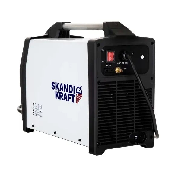 Invertersveiser Mig Skandi Kraft Itech, skrå bakside med metallhåndtak, strømledning og kontrollpanel synlig.