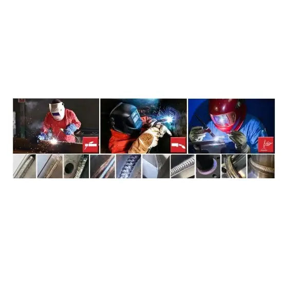 Invertersveiser Mig Itech Mig 220 i bruk, tre operasjoner med fokus på sveisesømmer og fargerike vernedrakter.