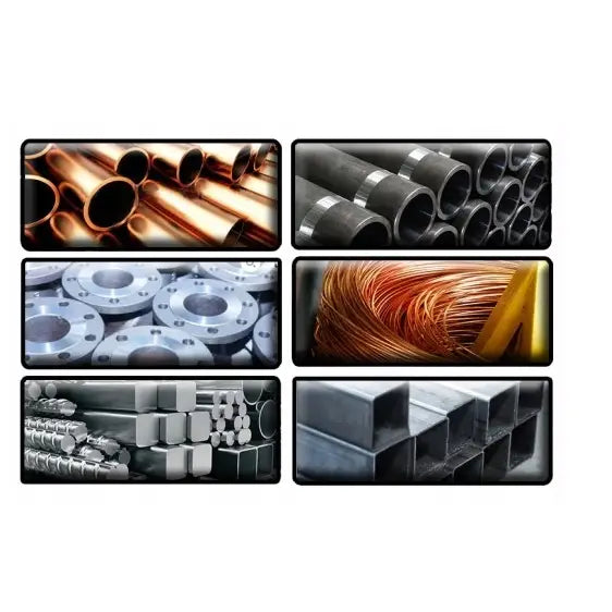 Nærbilder av ulike metallmaterialer som kobberrør, stålrør, flenser og firkantprofiler, sett fra siden.