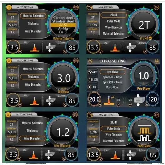 Digitalt kontrollpanel på Itech Mig 220 Synergi Puls Spot, seks ulike innstillingsmenyer med fargede symboler.