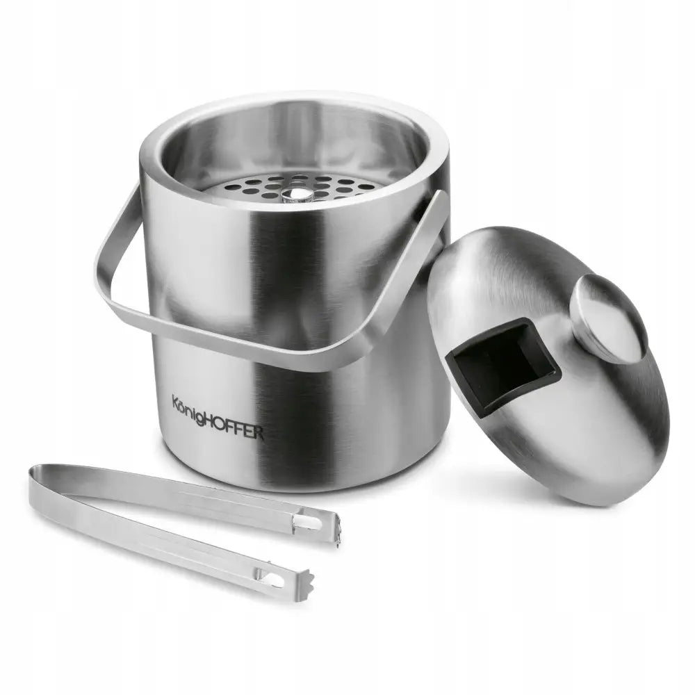 Isbøtte med lokk og istang i rustfritt stål, sett fra siden med synlig håndtak og vindu i lokket.