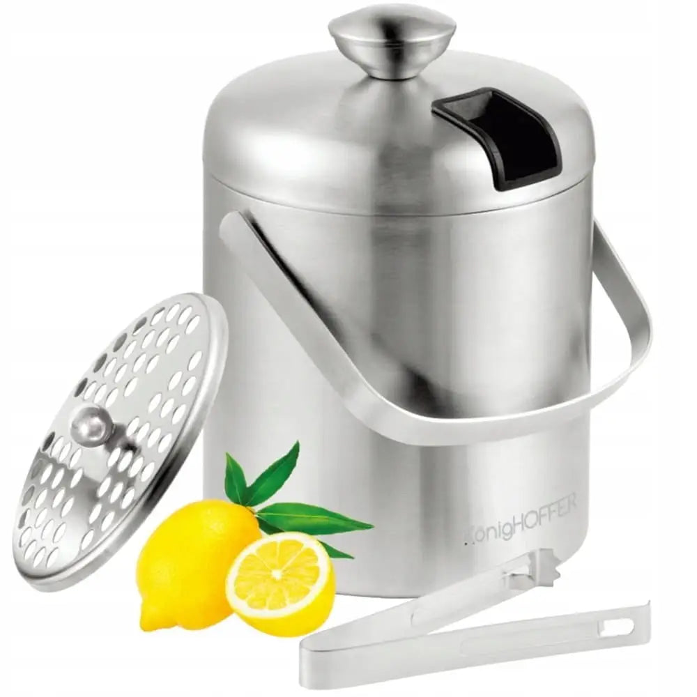 Isbøtte i børstet stål med lokk, håndtak, isklype og silinnlegg, dekorert med sitronskiver foran.