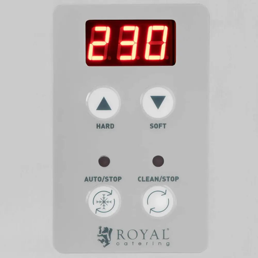 Iskrem- og sorbettmaskin, frontbilde av digitalt kontrollpanel med rødt LED-display og fire funksjonsknapper.