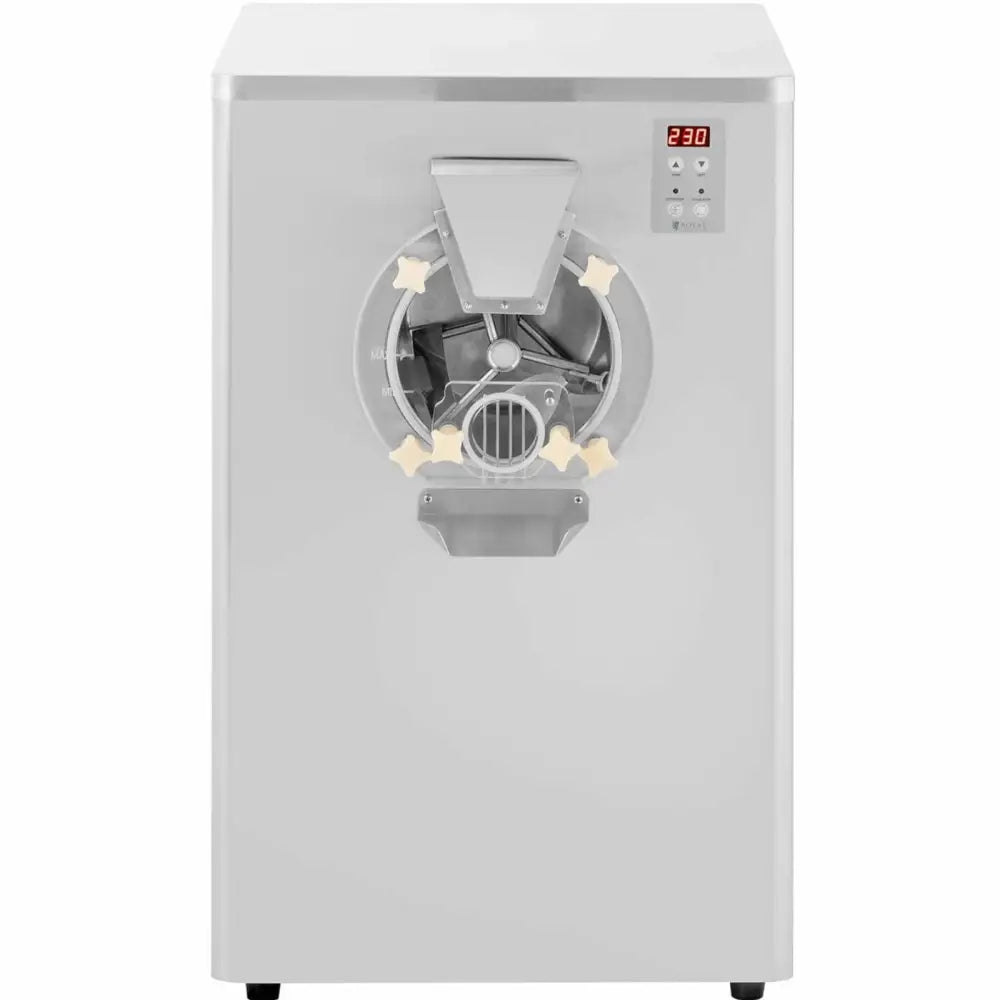 Iskrem- og sorbettmaskin med rundt åpningslokk, metallskål og digitalt display sett forfra.