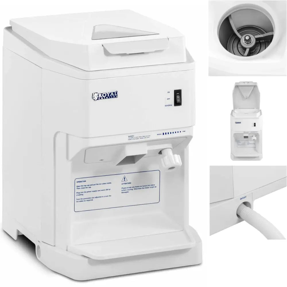 Iskremmaskin elektrisk, hvit modell sett skrått forfra med synlig knapp, skuff, blandearm og uttak med slange.