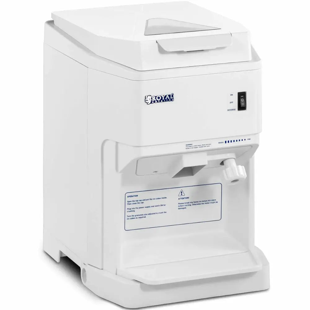 Iskremmaskin elektrisk, hvit modell med bryter, blå logo og justeringshjul, sett fra skrå vinkel.