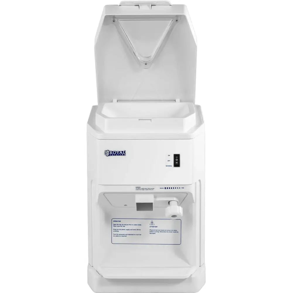 Iskremmaskin elektrisk 2,5 l, frontvisning med åpent lokk, synlig bryter og tappetut for enkel servering.