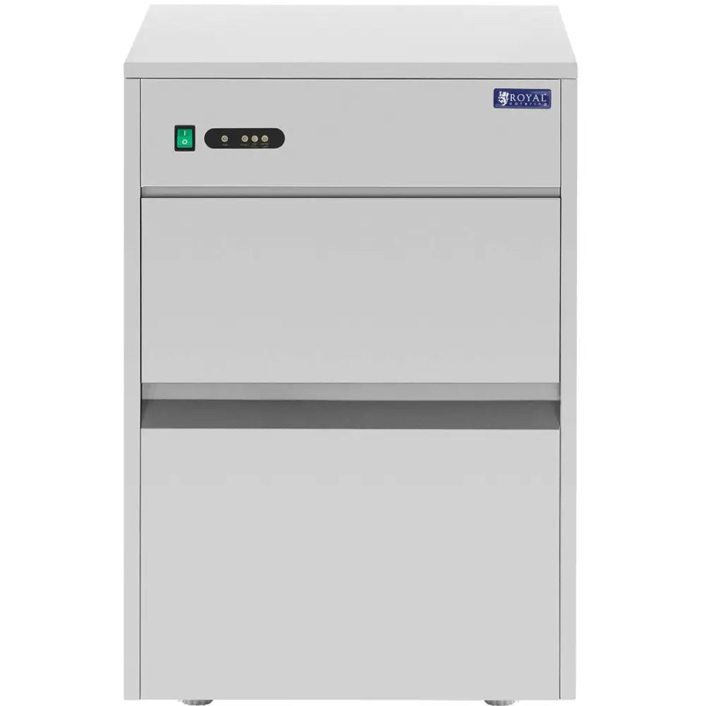 Ismaskin i grått metall, frontvisning med blå logo, knapp, indikatorlys og stor åpning for isuttak.