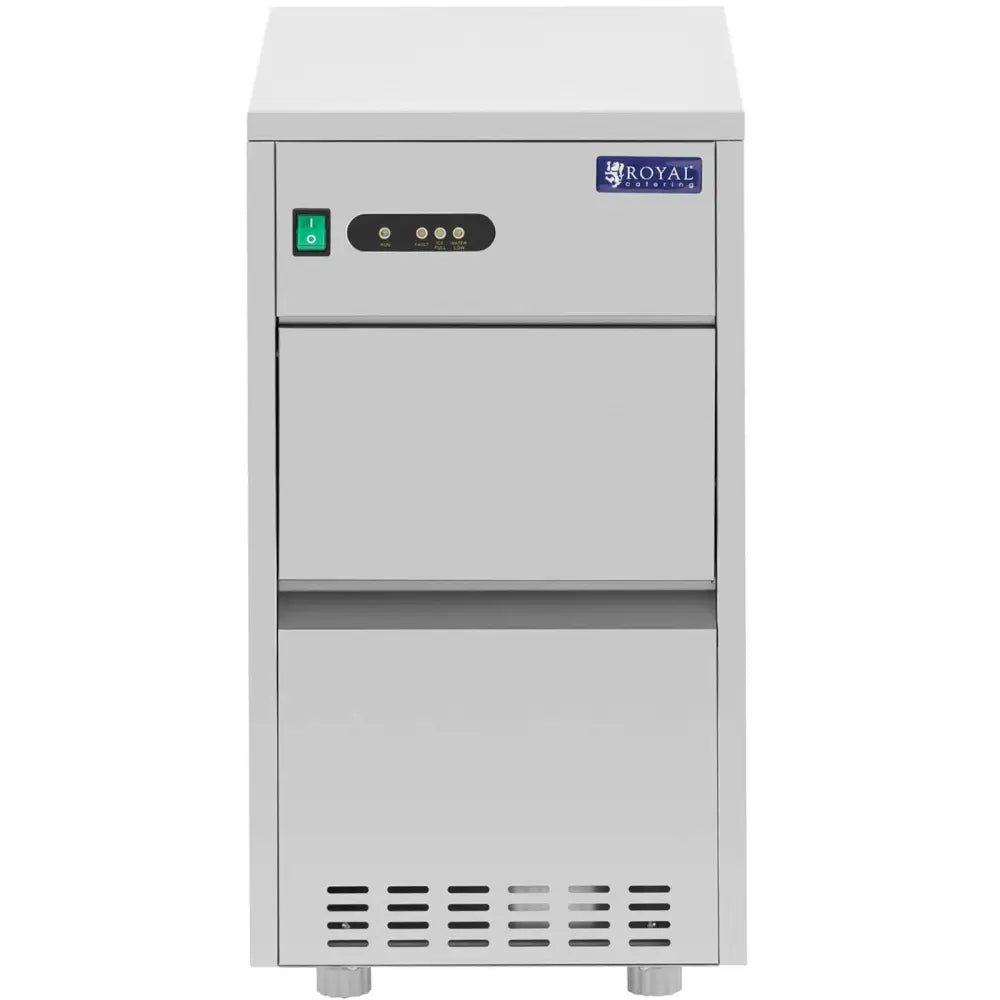 Ismaskin for barer, frontvisning med synlig kontrollpanel, indikatorlys og lufteluke på grå metalloverflate.