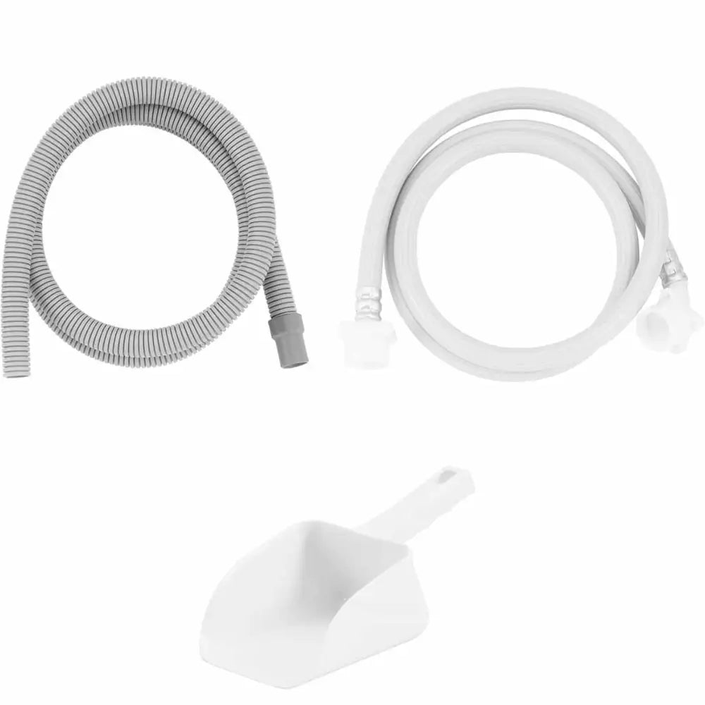 Ismaskin for barer, spiralformede grå og hvite plastslanger samt hvit skuffe sett ovenfra.