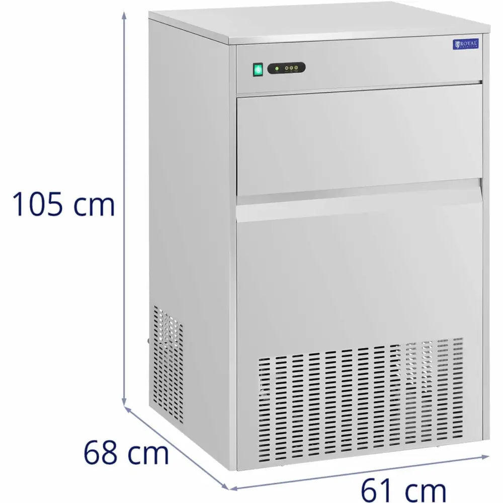 Ismaskin for barer, sideperspektiv som viser ventilasjonsrister, frontpanel og mål 105 x 68 x 61 cm.