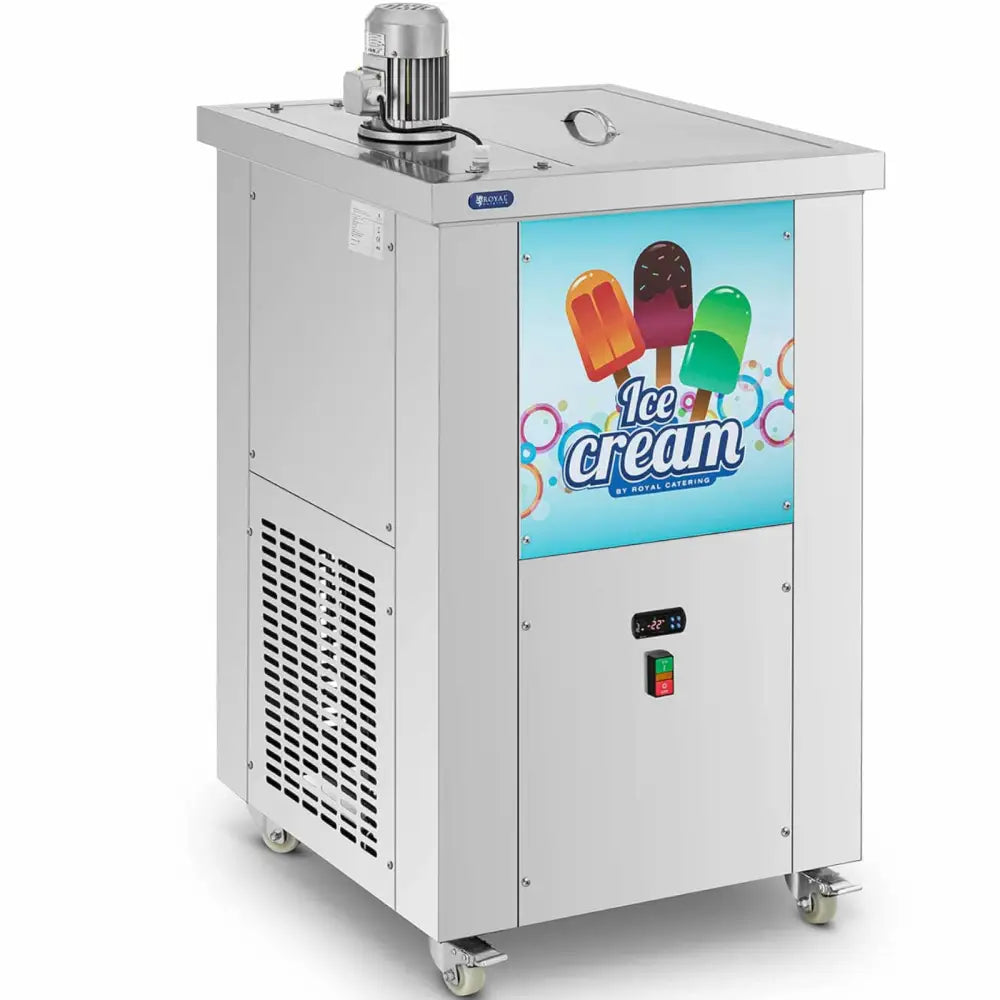 Ismaskin for popsicle-produksjon, skråvisning med fargerikt iskremmotiv, digitalt display og brytere på fronten.