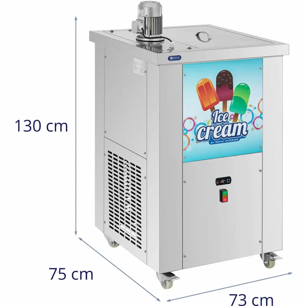 Ismaskin for popsicle produksjon, skrå forside med mål og fargerik isreklame synlig på rustfritt stål.