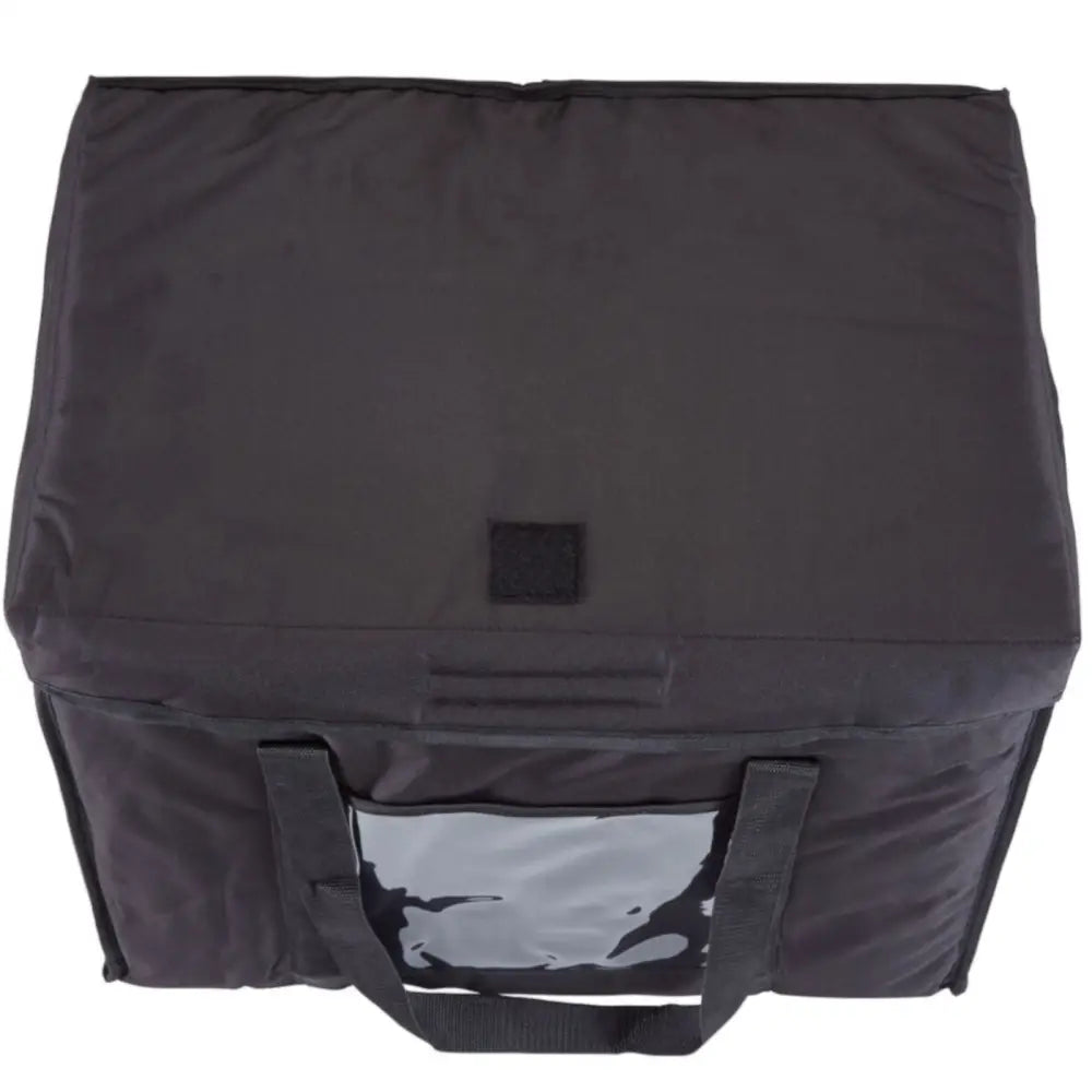 Isolert leveringstaske, svart tekstil sett ovenfra med bærehåndtak, gjennomsiktig vindu og borrelåslukking på lokket.