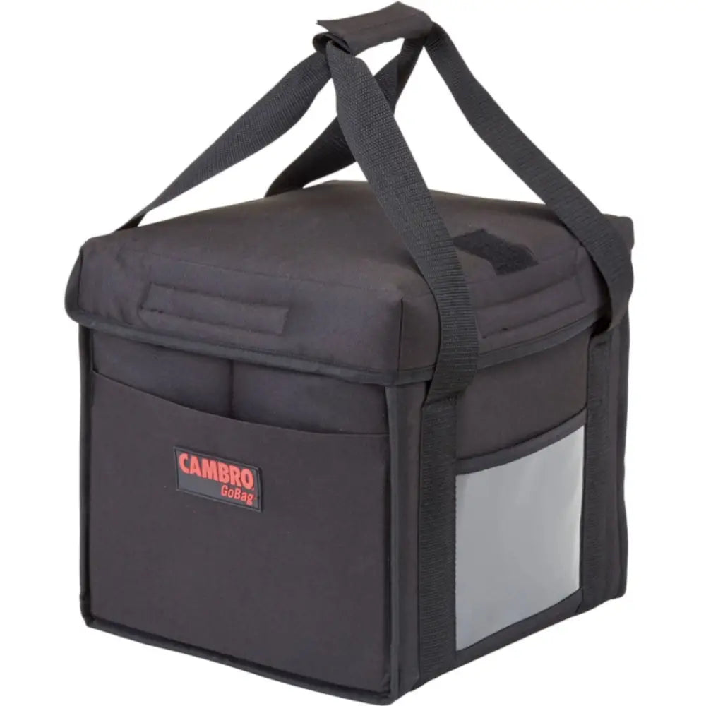 Isolert leveringstermopose 17 l, skrå forfra med frontlomme, logo, to håndtak og vindu på siden.