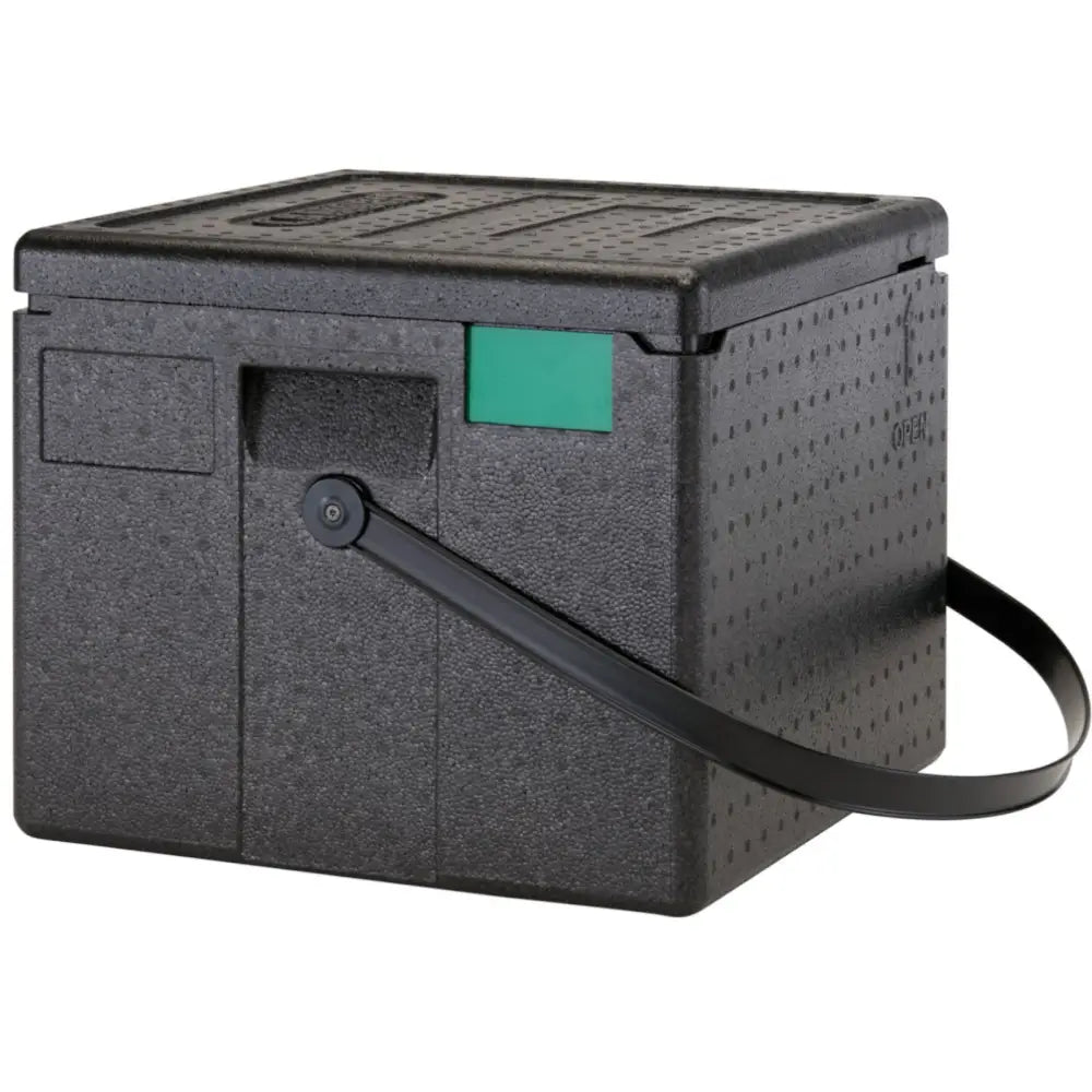 Isolert pizza eske for 6 brett, sort skumplast med grønn frontmarkering og sort håndtak, sidevisning.