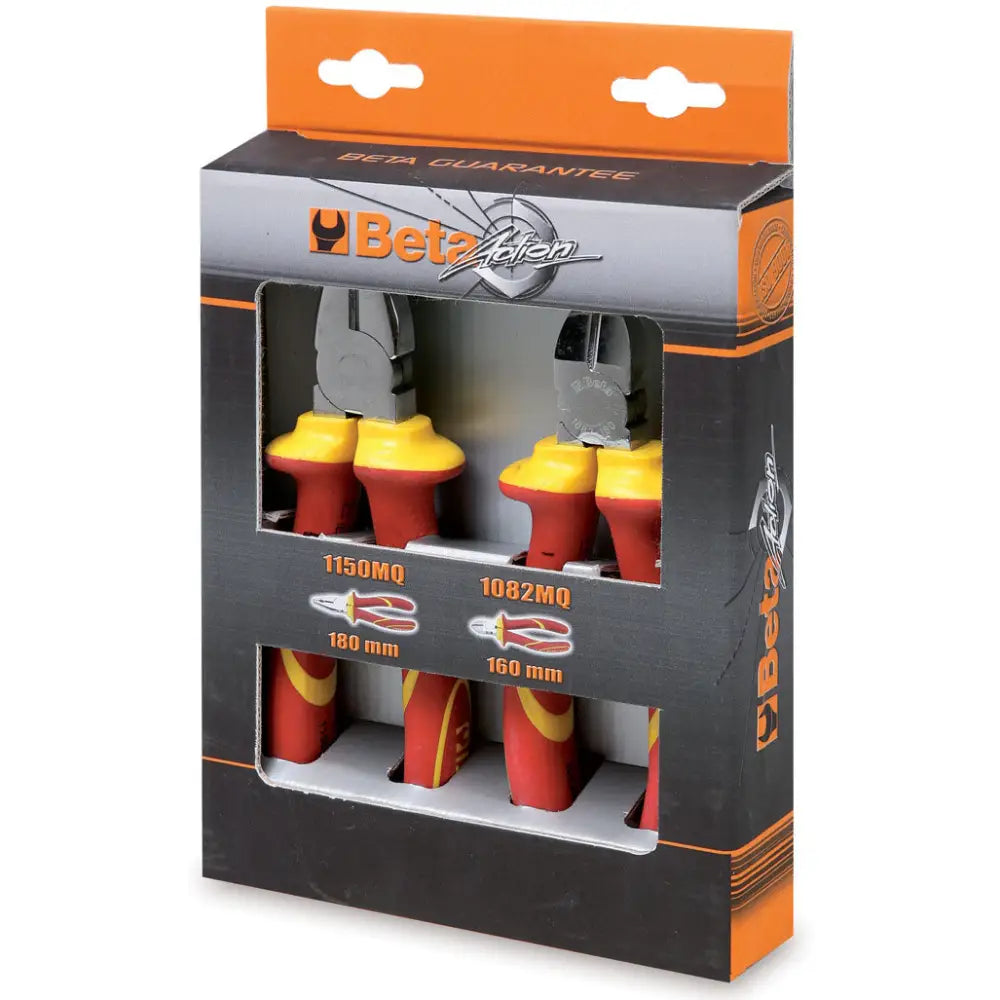 Isolert tangsett Beta 1000V, to håndverktøy synlige i eske med svart og oransje design, røde og gule håndtak.