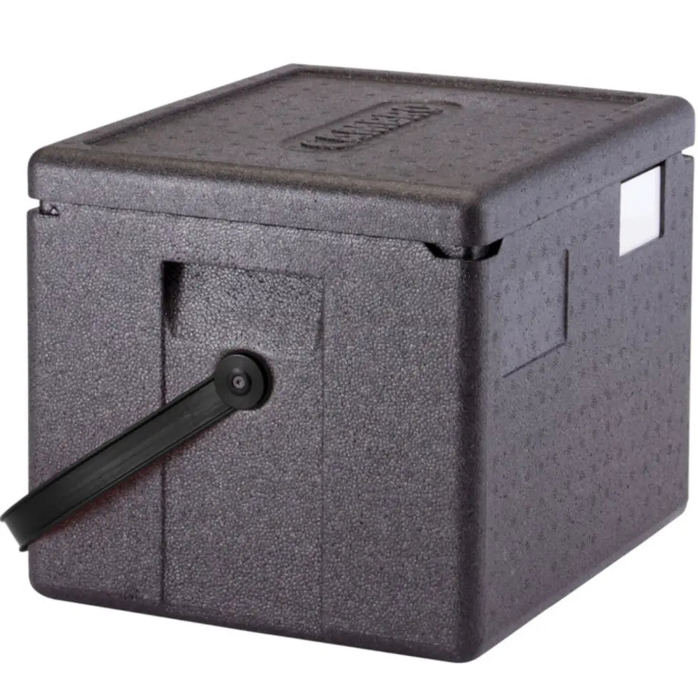 Isolert termisk beholder CAM GOBOX, sort hardplast sett skrått med sidehåndtak og hvitt merkeområde.