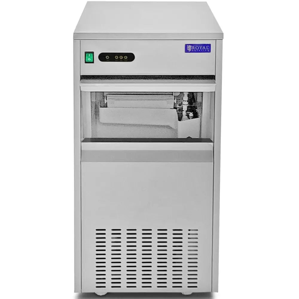 Isterningmaskin i rustfritt stål, frontbilde med halvåpen luke som viser isbeholder og ventilasjonsrister.