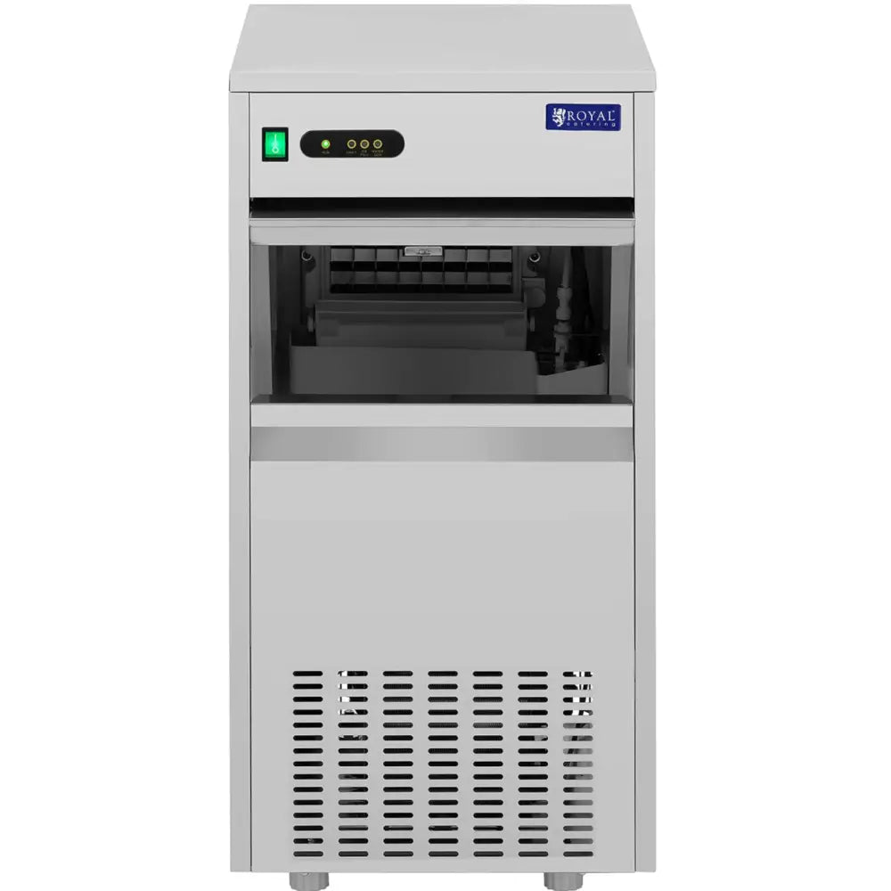 Isterningmaskin i rustfritt stål, frontvisning med ventilasjonsgitter, åpning til is og opplyst kontrollpanel øverst.