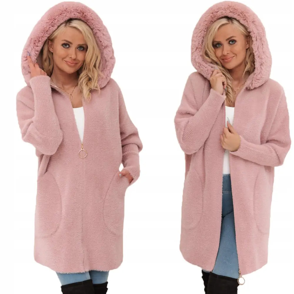 Jakke i Alpakkaull med Fuskepels og Glidelås - Varm Rosa v