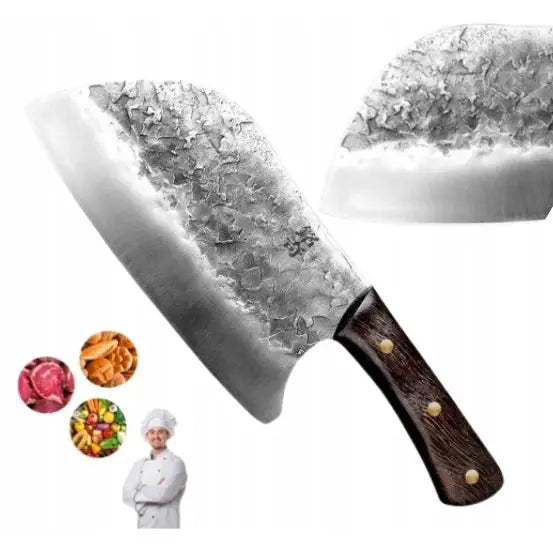 Japansk kokkekniv med bredt, hamret stålblad og mørkt treskaft, avbildet i vinkel med små matillustrasjoner.