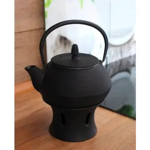 Japansk stil støpejern tekanne med buet hank på varmer, skrå sidevisning på treflate.