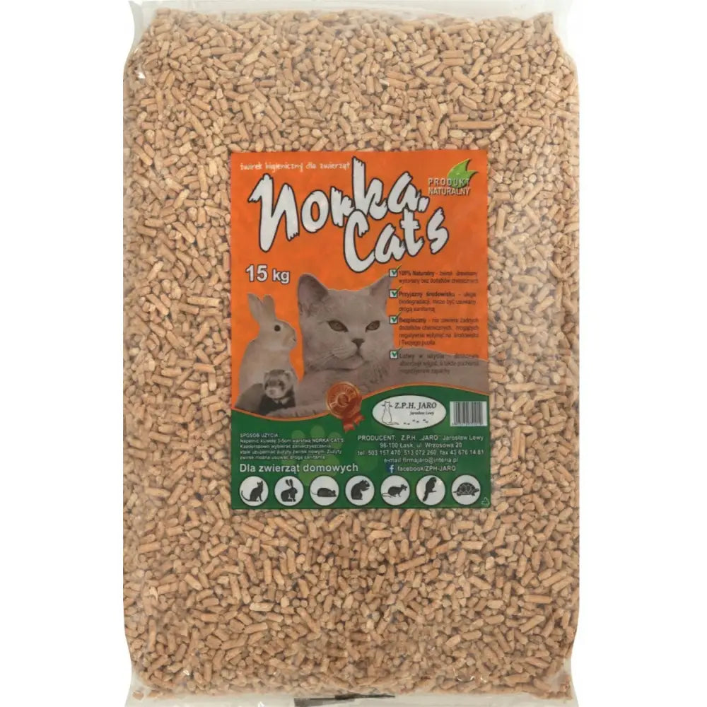 Jaro Norka Kattens Pellets 15 kg, plastsekk med lysebrune trepellets og etikett med katt, kanin og smådyr på forsiden.