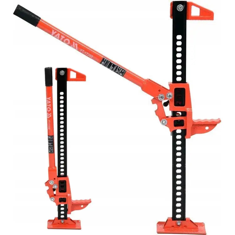 Jernbane-Hi-Lift gårdsvognjekk 3T fra Yato, helprofil med rød håndspak, sort perforert løfteskinne og base.