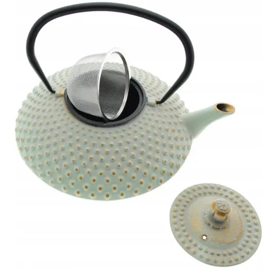 Lys grønn støpejerns-tekanne med prikket overflate, sort håndtak og tefilter, lokket ved siden av.