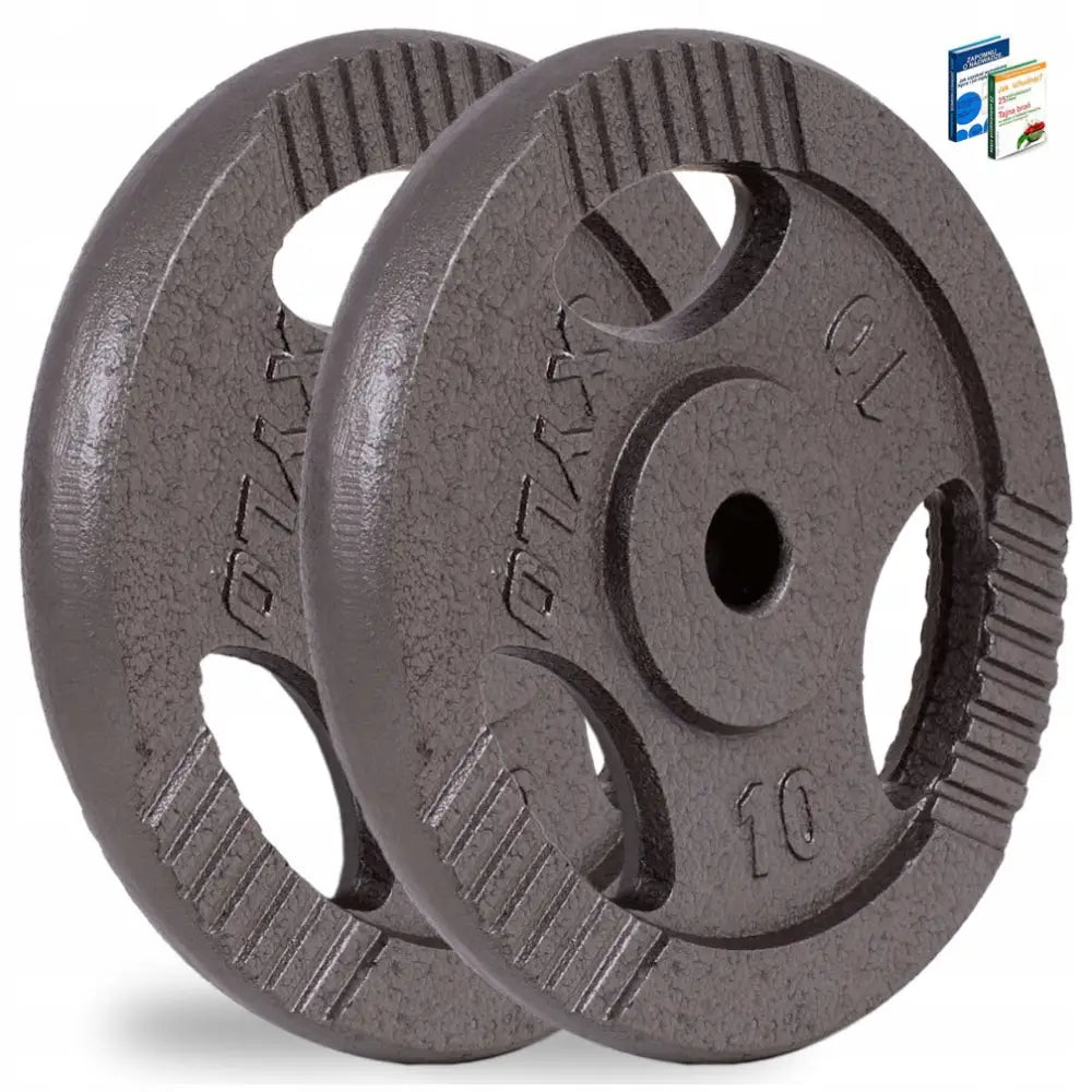 Jernvektsett 20 kg, to mørkegrå støpejernsskiver med gripehull og riflede kanter, sett skrått forfra.