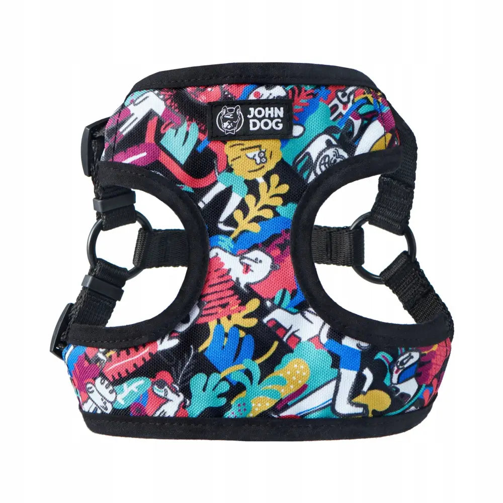 John Dog Barcelona trykkfri sele XS, frontvisning av fargerikt mønstret stoff med svarte kanter og justerbare stropper.