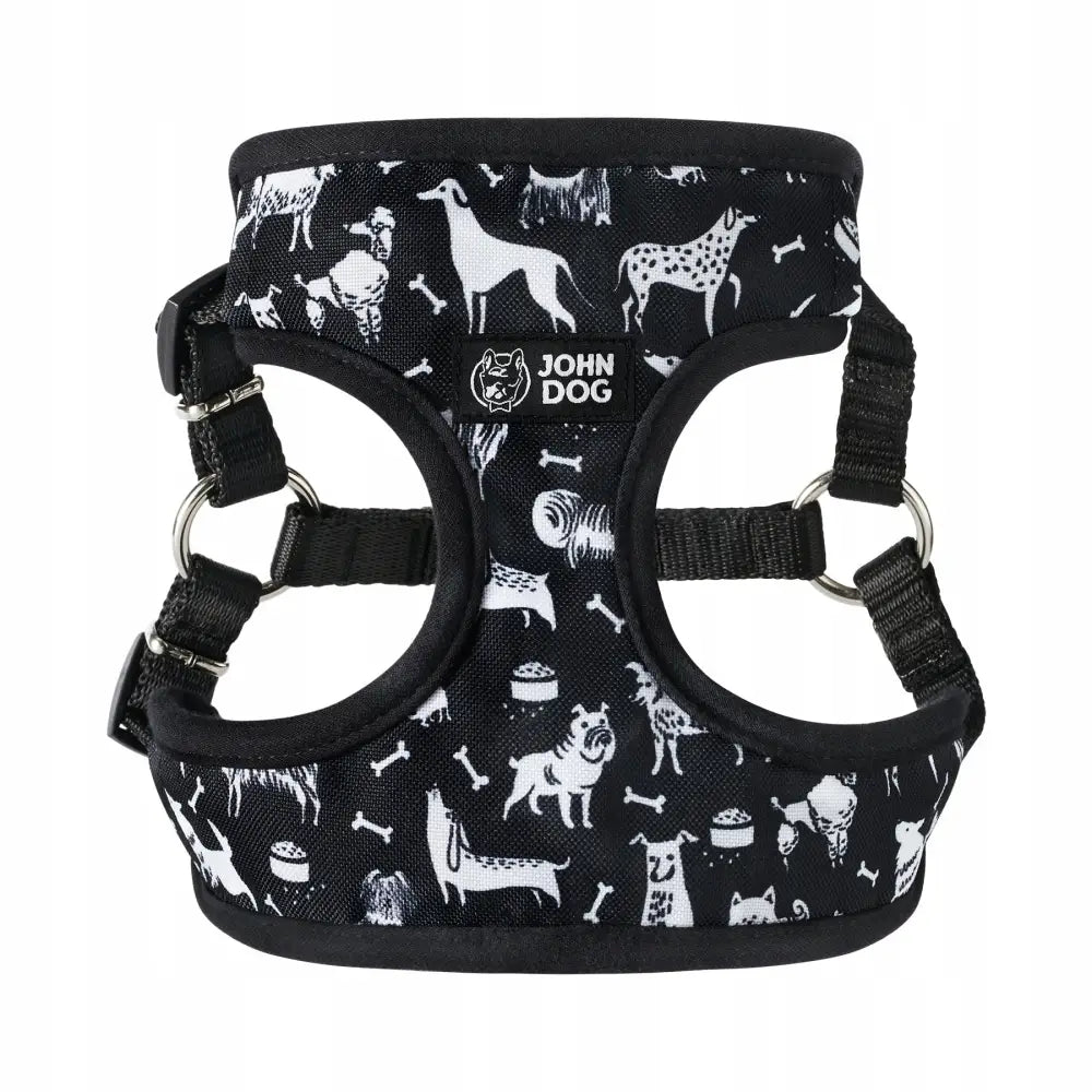 John Dog Black Comics trykkfri sele størrelse S, frontbilde med hvite hundemotiv, justerbare stropper og metallringer.