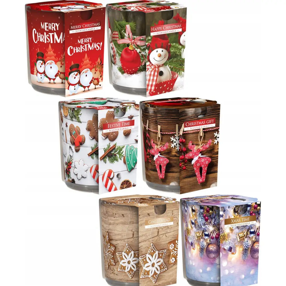 Julegavesett med seks duftlys i glass, hvert med julemotiv som snømann, pepperkake og reinsdyr.