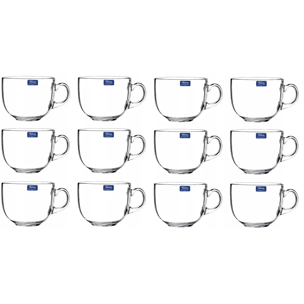 Jumbo gjennomsiktig kopp 450ml med hank, sett med ti kopper foran hvit bakgrunn og blå etikett på hver kopp.