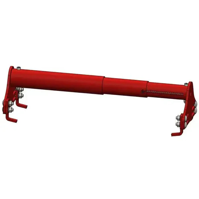 Justerbar hjulblokk i rødt metall, skrå vinkel som fremhever bolter, braketter og vinkelfester i begge ender.